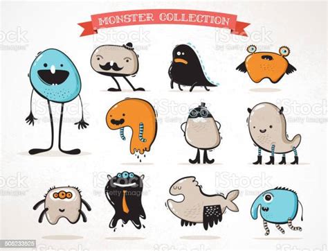 Cute Monsters Set Of Vector Illustrations Stok Vektör Sanatı And Deniz