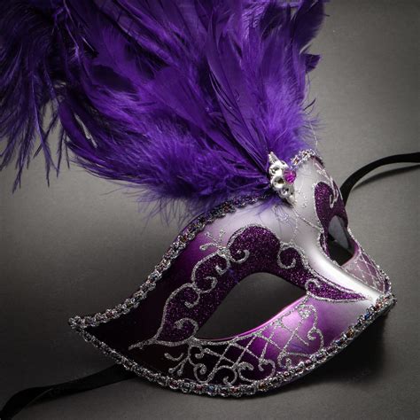 Venetian Glitter Crystal Masquerade Party Mask With Feather Silver Purple