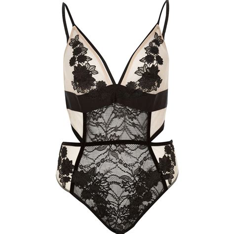 Lyst River Island Nude And Black Lace Lingerie Bodysuit In Natural