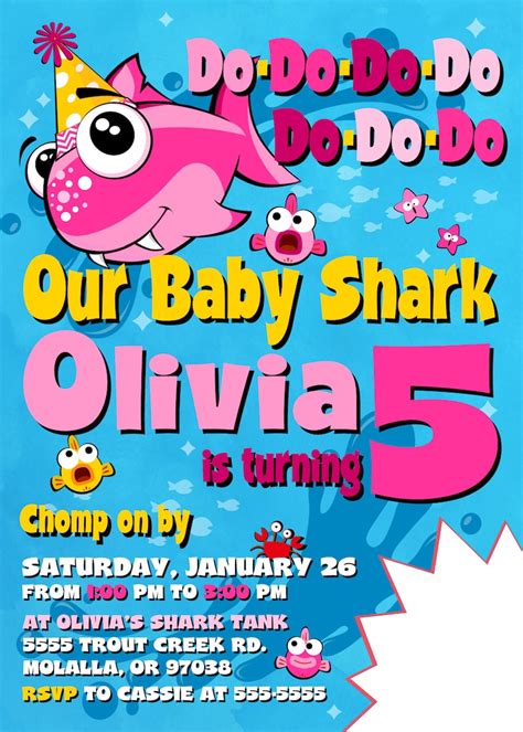 Pink Baby Shark Birthday Invitation With Photo Baby Shark Etsy