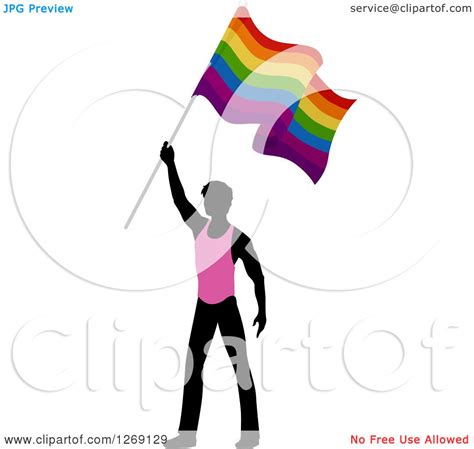 clipart of a black silhouetted man in a pink shirt holding up a rainbow gay pride flag