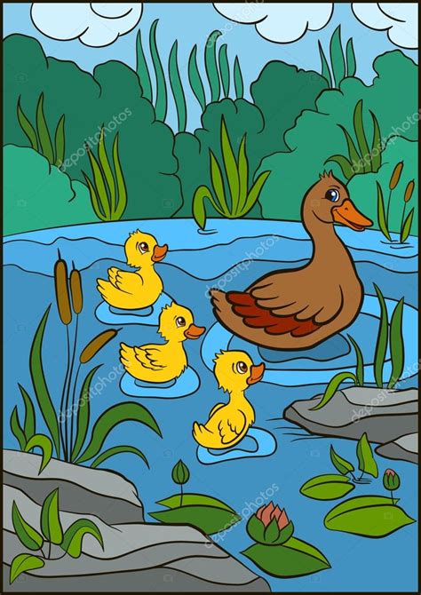 Mother Duck Swims With Her Little Cute Ducklings Stock Vector Image By