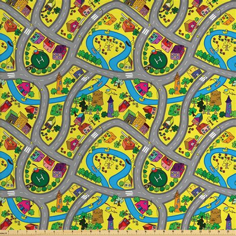 Car Race Track Fabric By The Yard Abstract Roadway Activity