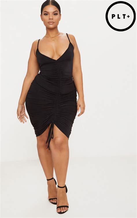 Plus Black Slinky Strappy Ruched Midi Dresswith Its Flattering Slinky