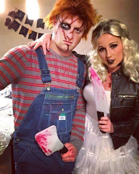 Changing her hair to blonde and making her wedding dress look chic while adding an edgy black leather jacket. Chucky and the Bride of Chucky! #halloween #diy #chucky | Bride of chucky costume, Chucky ...