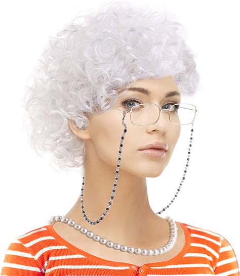 Amazon Com Old Lady Cosplay Set Grandmother Wig Wig Caps Madea Granny Glasses Eyeglass
