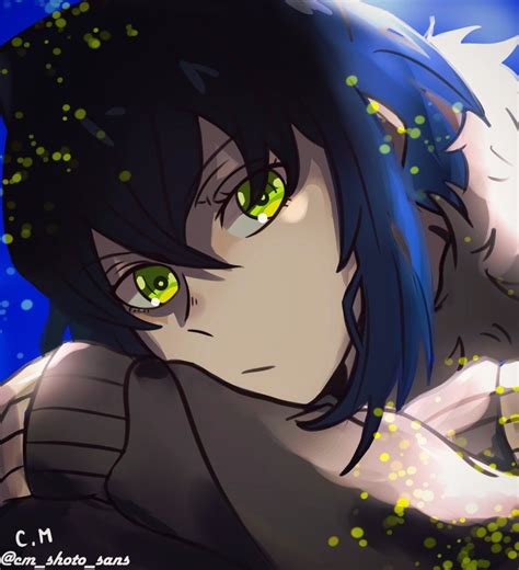 An Anime Character With Blue Hair And Green Eyes