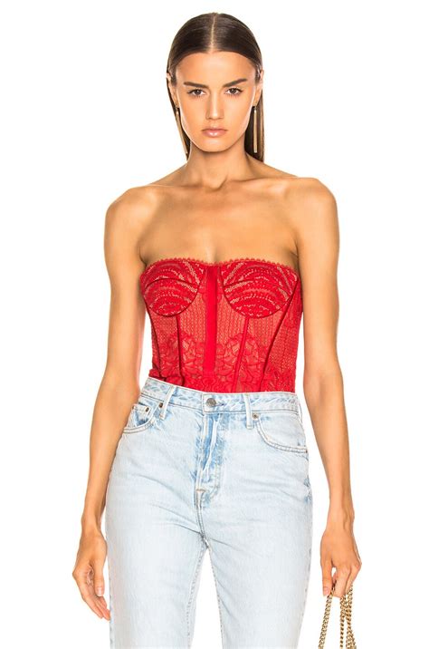 Jonathan Simkhai Mixed Lace Bustier Bodysuit In Fire Red Fwrd