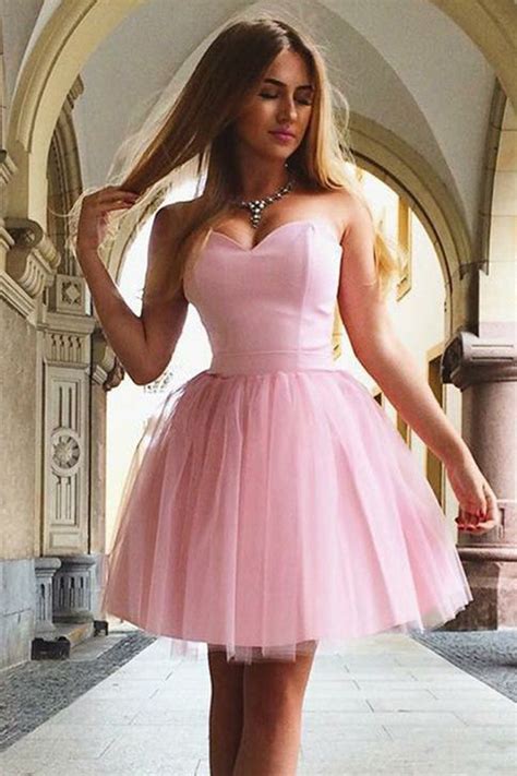 Cute A Line Sweetheart Strapless Tulle Pink Short Prom Dresses