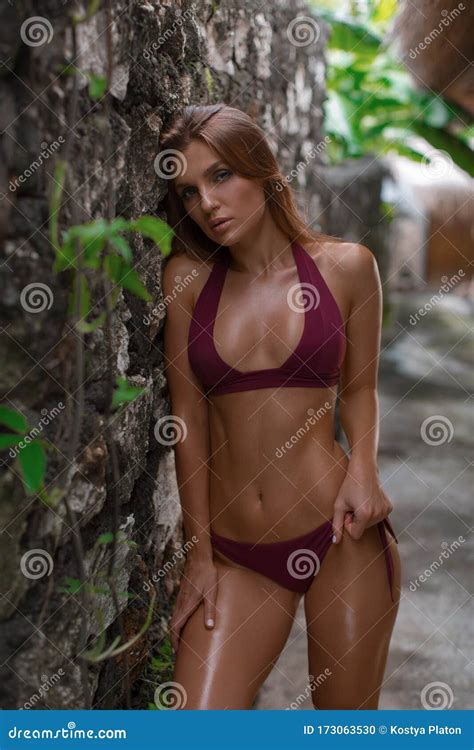 Brunette With Shining Tanned Skin Posing In Burgundy Bikini Near Stone