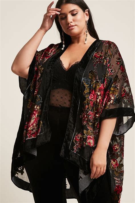 Plus Size Woven Heart Burnout Velvet Floral Kimono Kimono Outfit Spring Plus Size Girls