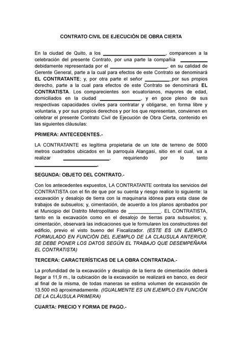 Modelo De Contrato Civil Contrato Civil De EjecuciÓn De Obra Cierta