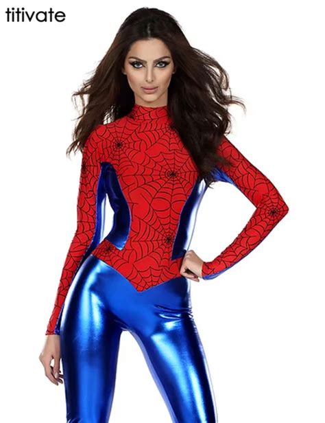 Titivate Halloween Spider Man Costumes Super Hero Tight Bodysuit Jumpsuits In Redandblue Wet Look