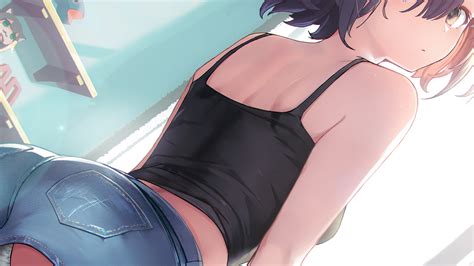 Wallpaper Jean Shorts Short Hair Purple Hair Brown Eyes Tank Top