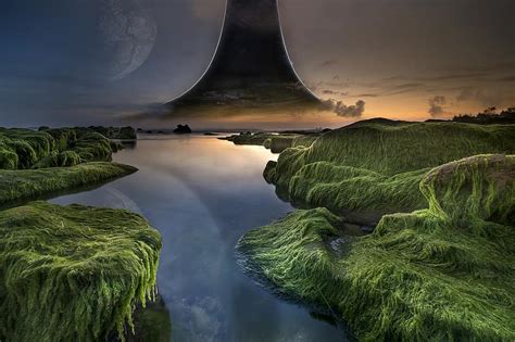 Ring World Moon Planet Sky Sunset Reflection Sea Ocean Lake