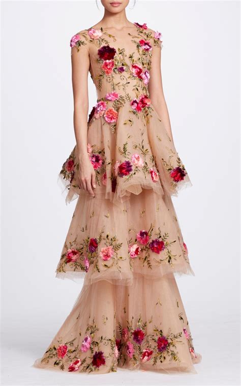 Floral Appliquéd Tiered Tulle Gown By Marchesa Stylish Dresses Sweet Dress Fancy Gowns