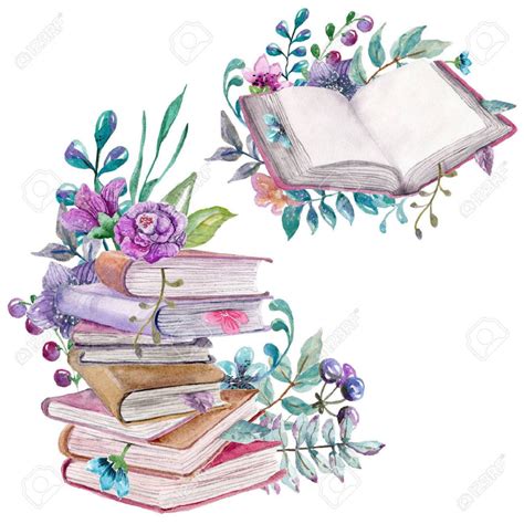 Watercolor Floral And Nature Elements With Beautiful Old Books