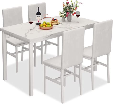 Recaceik 5 Piece Marble Dining Table Set With 4 Pu Leather Metal Frame