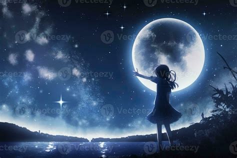 Anime Girl Looking At The Moon On Starry Night Illustration 23913594