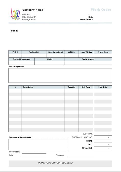 work order template invoice manager  excel