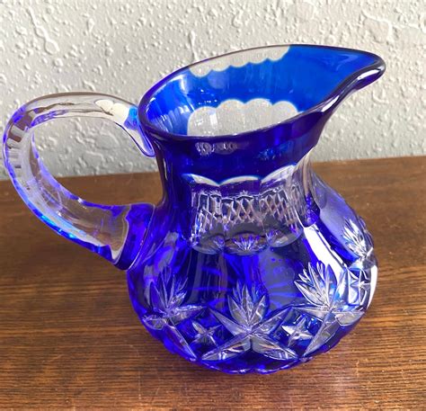 Vintage Bohemian Cobalt Blue Czech Cut Crystal Glass Pitcher Etsy