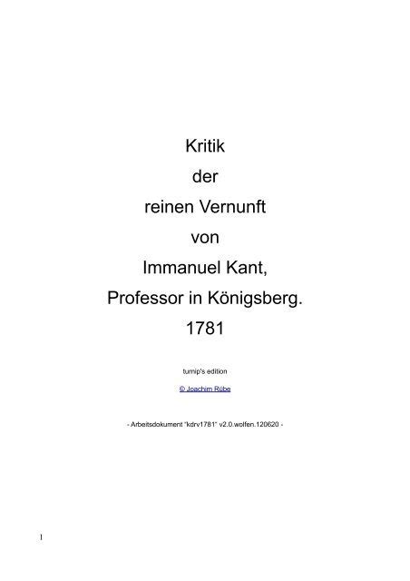 Kants Werk „kritik Der Reinen Vernunft“ Critik Der Reinen Vernunft