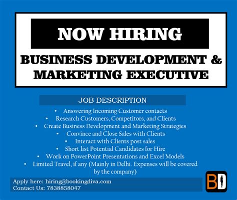 Due to a business development executive's responsibilities, it's also one of the leading job roles in the market. We are Hiring! Job Role: BUSINESS DEVELOPMENT/MARKETING ...