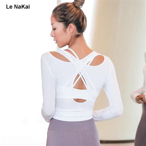 Le Nakai Cross Back Sexy Yoga Shirts Fitness Open Back Cut Out Sports Top Shirts Long Sleeve