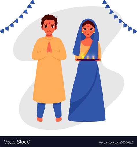 Indian Couple Character With Lit Oil Lamps Diya Vector Image