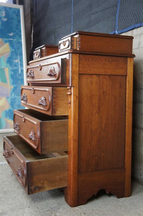 Antique Victorian Carved Walnut Step Back Dresser Glovebox Drawers Chest