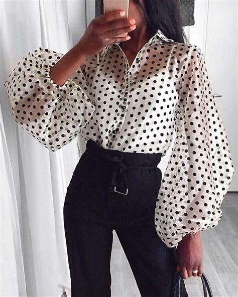 women mesh sheer polka dot blouse fashion see through lantern sleeve shirt 2019 spring female