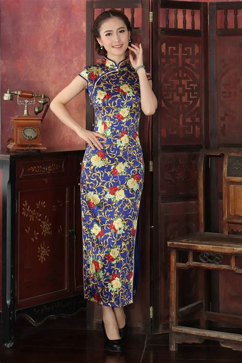 Silk Silkworm Silk Jewelblue Chinese Tradition Women S Flower Long Cheong Sam Dress S M L