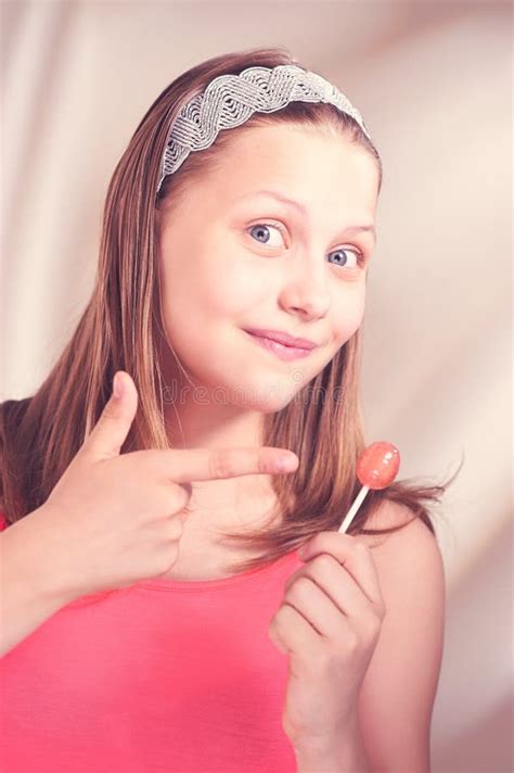 Happy Teen Girl Holding Lollipop Stock Image Image Of Beautiful