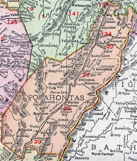 Pocahontas County West Virginia 1911 Map Marlinton Durbin Buckeye