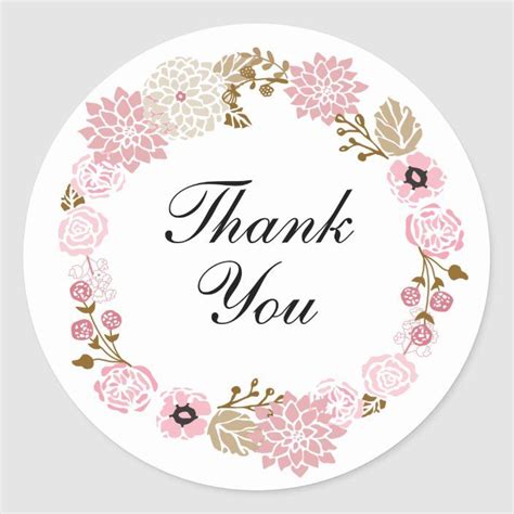 A Thank Sticker With Pink And Gold Flowers In The Shape Of A Flower Wreath