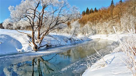 Download Wallpaper Snow Landscape River Section пейзажи Resolution