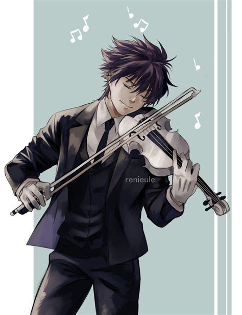 An Anime Character Holding A Violin With Musical Notes On Its Back And