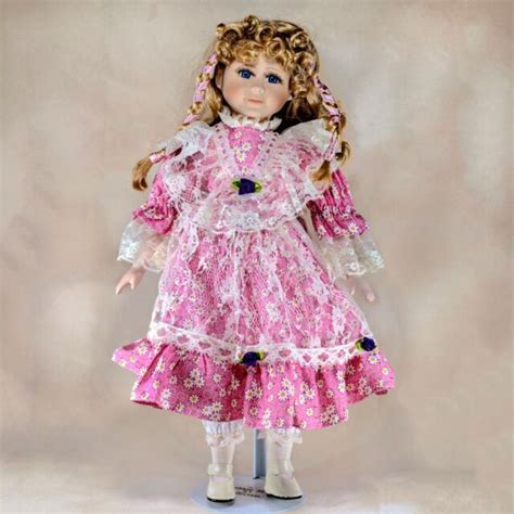 Collectors Porcelain Girl Doll 175 Lacy Pink Flowered Dress Blond Blue Eyes Ebay