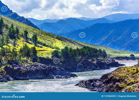 Katun River With Rapids Gorny Altai Siberia Russia Stock Photo