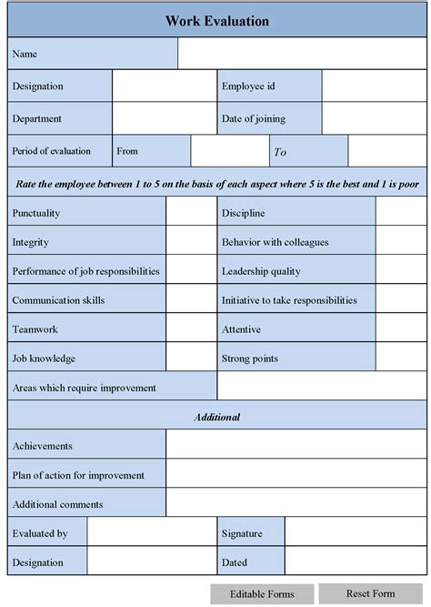 Work Evaluation Form Editable Forms