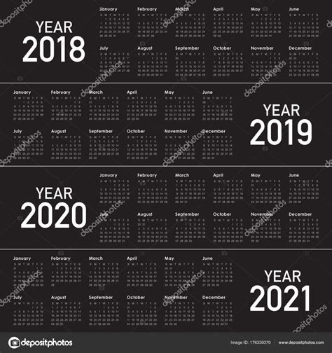 Año 2018 2019 2020 2021 Vector De Calendario — Vector De Stock
