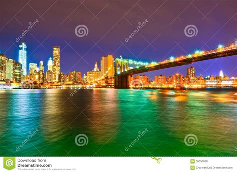 Manhattan Skyline And Brooklyn Bridge At Night Stock Photo Image Of