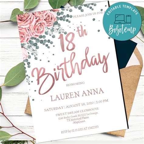 Editable Rose Gold 18th Birthday Invitations Instant Download Sunmily