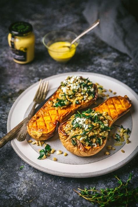 Mustard And Maple Butternut Squash With Farro And Winter Greens