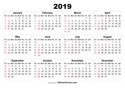 2019 Calendar With Week Numbers