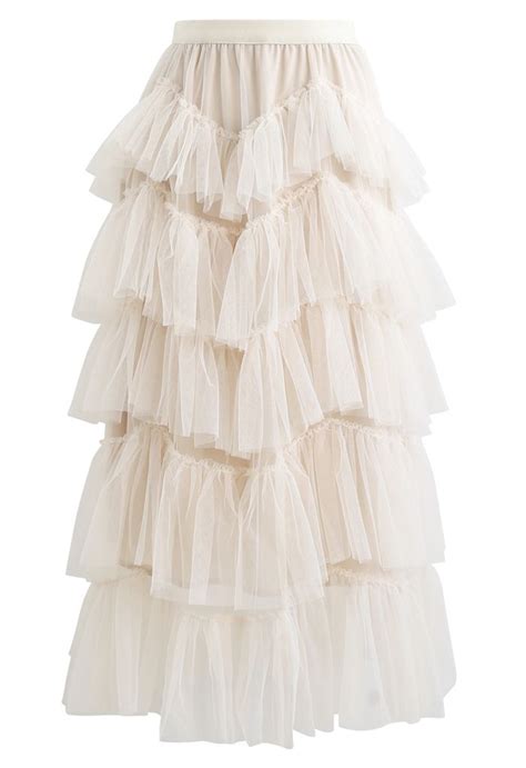 Ruffle Tiered Tulle Mesh Maxi Skirt In Cream Retro Indie And Unique