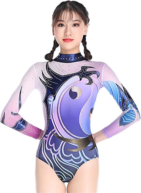 Jp 新体操レオタード体操レオタード女子女子手作り高弾力コンペ長袖紫色14years ファッション