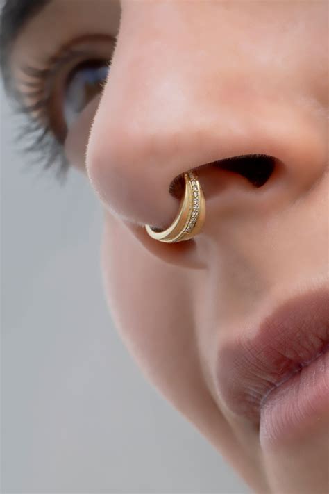 Wide Septum Nose Ring Made Of 14K Gold Set With Natural White Diamonds