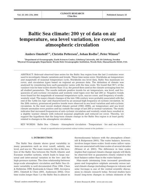 Pdf Baltic Sea Climate 200 Yr Of Data On Air Temperature Sea Level Variation Ice Cover And