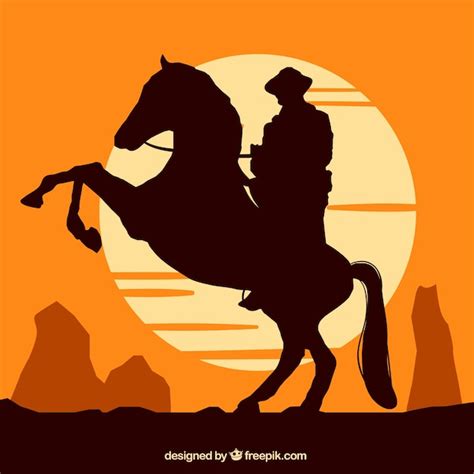 Silhouette Of Cowboy Riding At Sunset Vector Free Download
